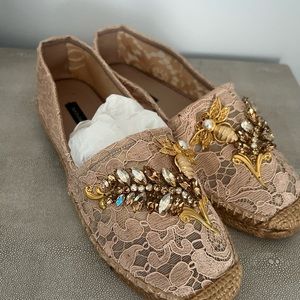 Dolce and Gabbana beige lace crystal shoes